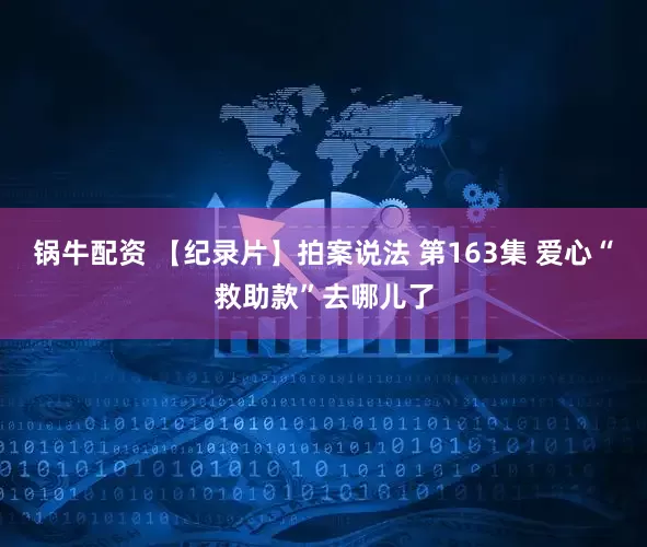 锅牛配资 【纪录片】拍案说法 第163集 爱心“救助款”去哪儿了